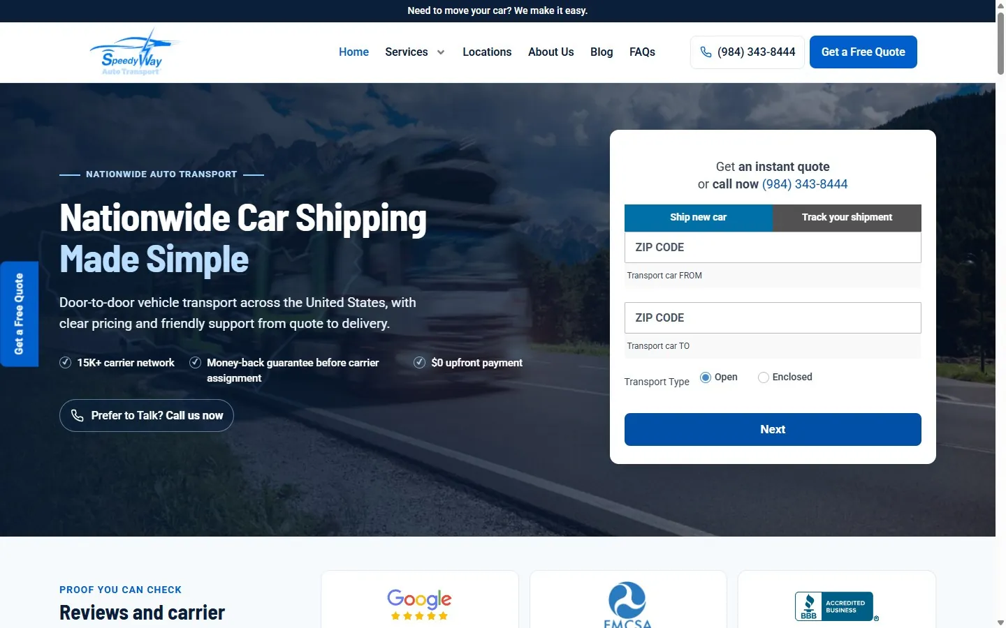 SpeedyWay Auto Transport: A quote-first site for a nationwide car shipper.